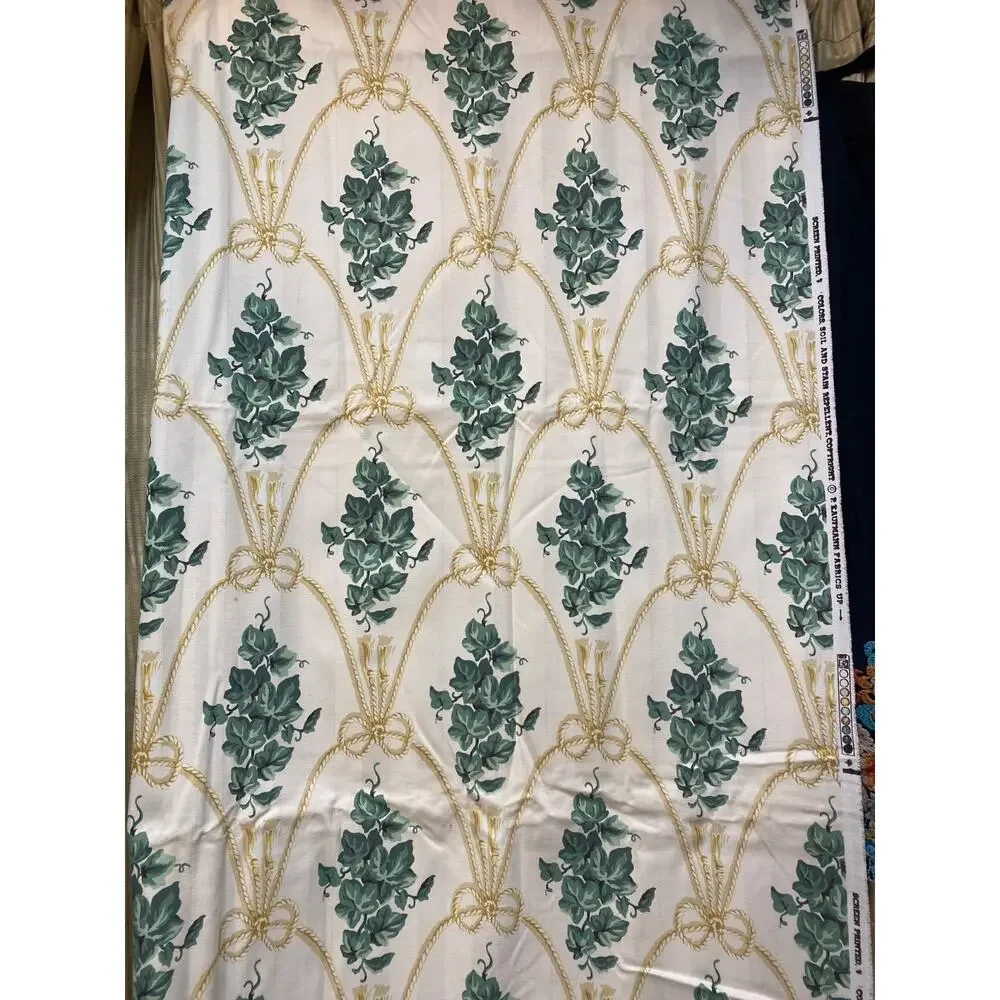 P. Kaufmann fabric pale yellow green ivy leaves white rope Cord Tassels 54